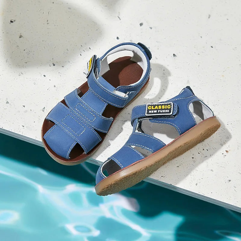 Children frosted genuine leather beach sandals boys barefoot non-slip sandals with cowhide lining baby soft Navy blue sandals