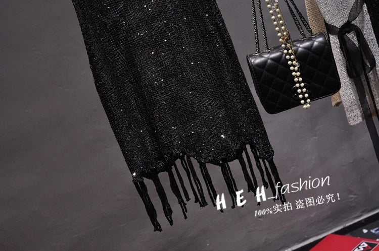 Sexy Shiny Gold Silver Knitted Tank Tops Women Bling Bling Sequined Tassels Knitted Vest  All Neon Store Clothes  Korean
