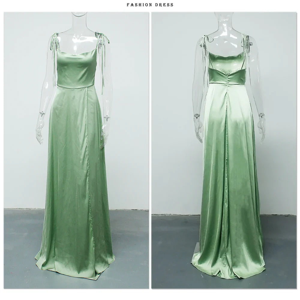Sexy Mint Backless LaceUp Bridesmaid Dress Evening Gown Green Satin Slip Slit Leg Square Neck Wedding Party Long Dresses