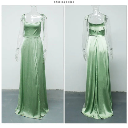 Sexy Mint Backless LaceUp Bridesmaid Dress Evening Gown Green Satin Slip Slit Leg Square Neck Wedding Party Long Dresses