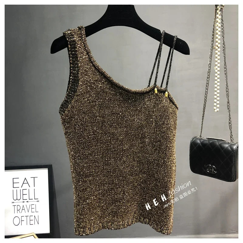 Summer New Sexy Inclined Shoulder Joker Sweater Vest Show Thin Shiny Bright Silk Easy Ins Condole Top Female
