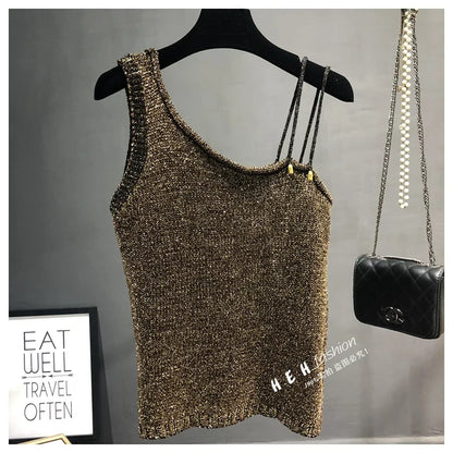 Summer New Sexy Inclined Shoulder Joker Sweater Vest Show Thin Shiny Bright Silk Easy Ins Condole Top Female