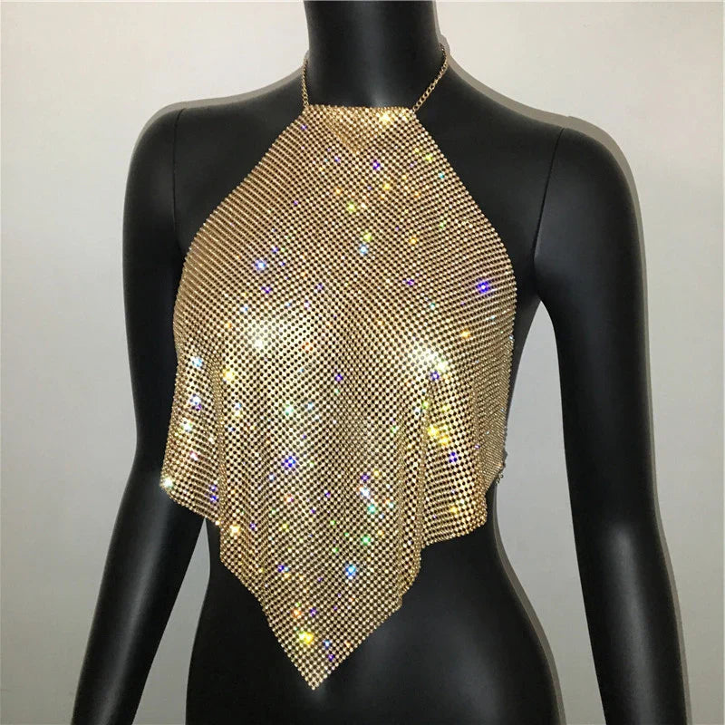 Fashion Summer Backless Tank Top Women Shiny Rhinestone Metal Sequins Halter Neck Camisole Rave Festival Party Crop Tops