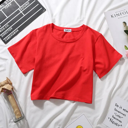 Summer Short Sleeve T Shirts Women  Solid T-shirt O Neck High Waist Crop Top Tee Female Casual Loose T Shirt