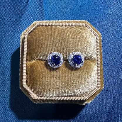 5mm Round Sapphire Halo Earrings for Women 100% 925 Sterling Silver Wedding Stud Earrings Fine Jewelry Plated White Gold Gift