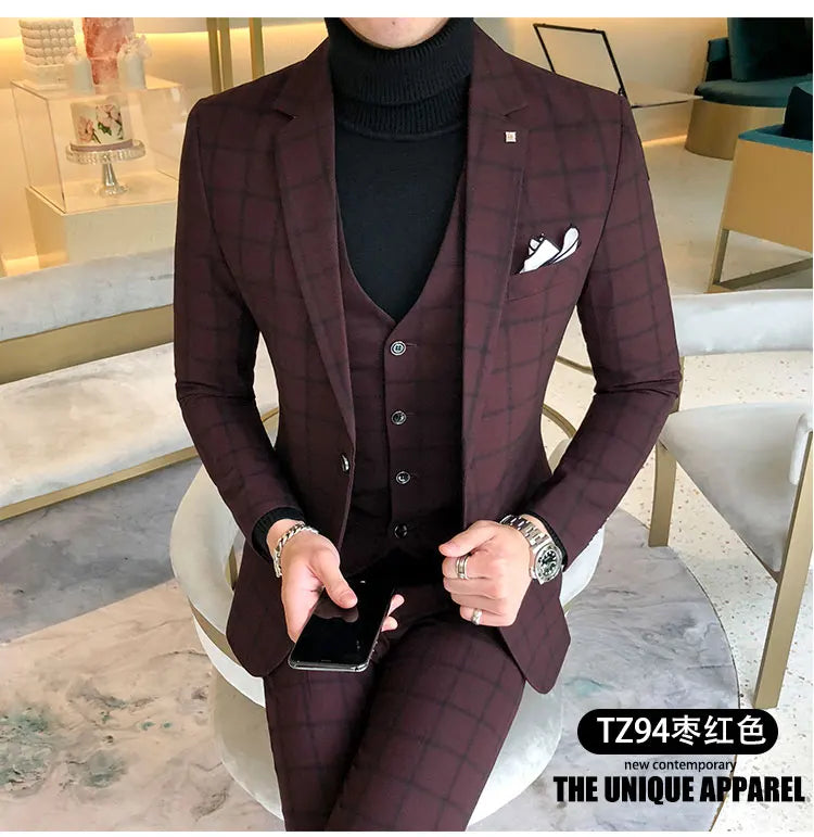 Blazer and Vest and Pants / Boutique Fashion Plaid Men's Casual Business Suit 3pcs Set Groom Wedding Dress Performance Costume
