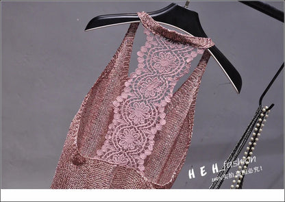 Yan Li  Sexy Shoulders and Heart Leakage Hang Sequined Jacket Neck Lace Knitting Wear Outside Hang Back  Sleeveless Top Women