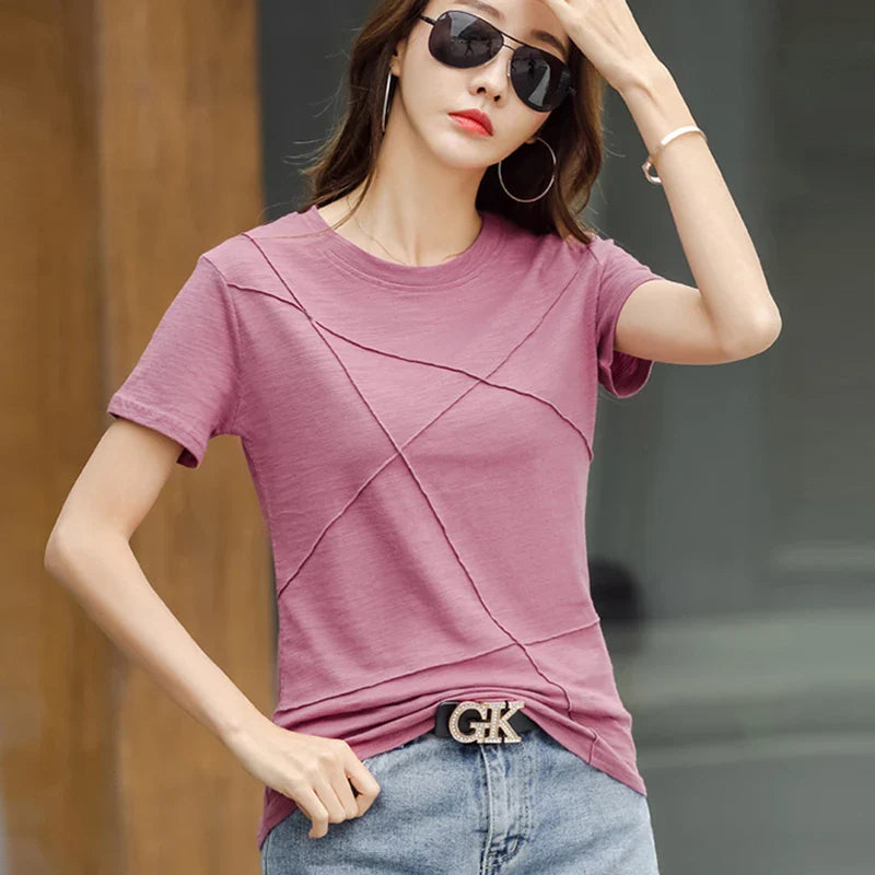 Summer Slim Cotton Bamboo T-Shirts Women 2026 O-Neck Short Sleeve Ribbed Tshirts Female Casual Solid Color Tops