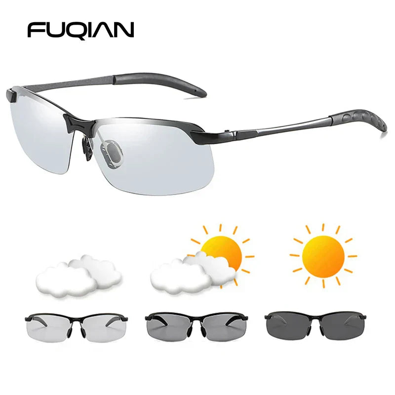 Half-frame Photochromic Sunglasses Men Women Vintage Metal Polarized Sun Glasses For Male Night Vision Driving Shades