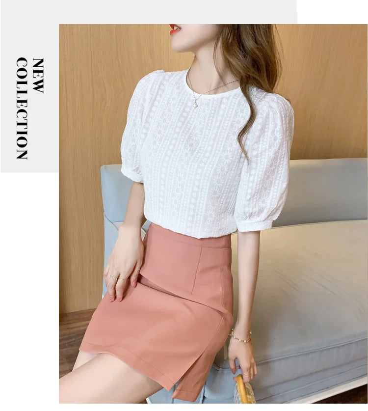Korean Embroidery Floral Blouse Women Summer New Sweet Loose Lace Shirt Women's 2025 Short Sleeve O Neck Casual White Tops 15217
