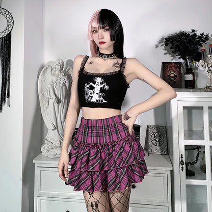 Pink Skirt Japanese College Style Youth Girl Plaid Skirt Female High Waist Slim Lolita Cosplay Y2k Skirt Goth Skirt