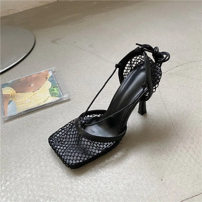 White Hollow Mesh Woman Pumps Sandals Square Toe High Heel Ankle Lace Up Cross-tied Party Dress Female Shoes