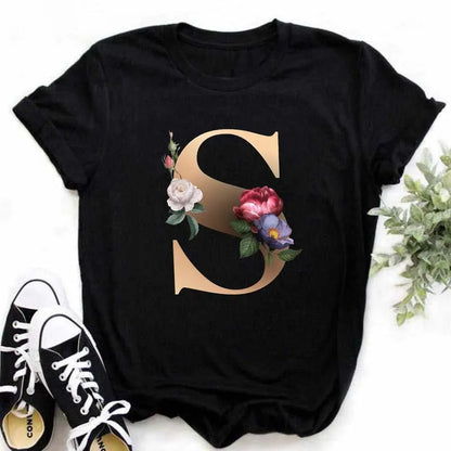 A B C D E English Alphabet Print T Shirt Women New Summer Couples Lovers Female T-Shirt Harajuku Casual Black Tops Tshirts