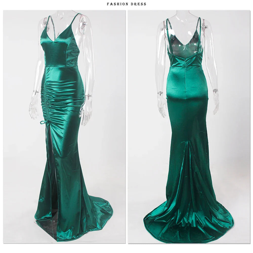 Vestido de Noite Longo Sereia Esmeralda Verde com Cordão Drapeado, Decote V, Fenda e Cetim Elástico para Festa de Casamento Madrinha