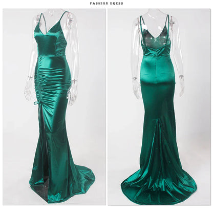Vestido de Noite Longo Sereia Esmeralda Verde com Cordão Drapeado, Decote V, Fenda e Cetim Elástico para Festa de Casamento Madrinha