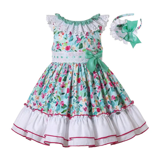 Vestidos Pettigirl Infantis Vintage Florais de Verão sem Mangas para Aniversário de Meninas Boutique e Faixa de Cabelo Tamanhos 2 3 4 5 6 8 10 12 Anos