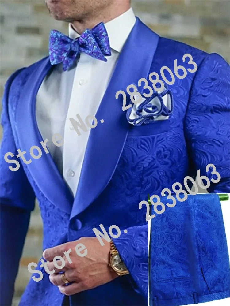 White Pattern Groom Tuxedos Shawl Satin Lapel Men Suits 2 Pieces Wedding Bridegroom ( Jacket + Pants + Tie  ) D201