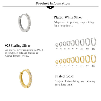 925 Sterling Silver Gold Zircon CZ 5mm 6mm 7mm 8mm To 13mm Huggies Hoops Piercing Pendiente Clips Luxury Fine Jewelry