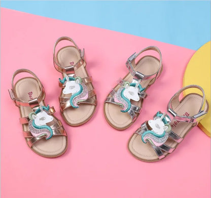 Unicorn girls sandals bright metallic kids girls sandals Adjustable customized fit princess summer shoes