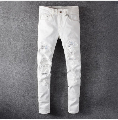 Men's White Crystal Holes Ripped Jeans Fashion Slim Skinny Rhinestone Stretch Denim Pants