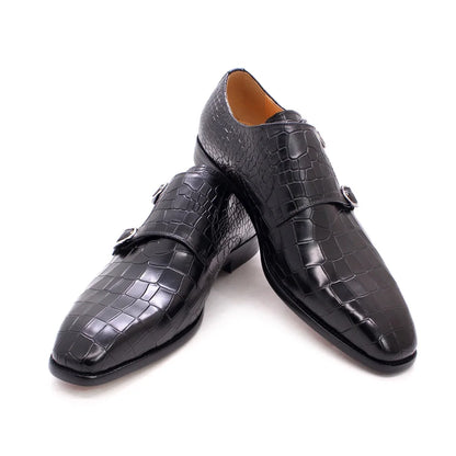 Men's Luxury Italian Real Leather Pointed Toe Double Buckle Formal Business Black Shoes Alligator Print for Business Casual Wear
