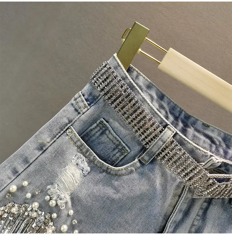 Summer Elegant Shorts Lady Tassel Beading High Waist Wide Leg Denim Shorts Female Casual Solid Shorts Jeans for Women Clothing