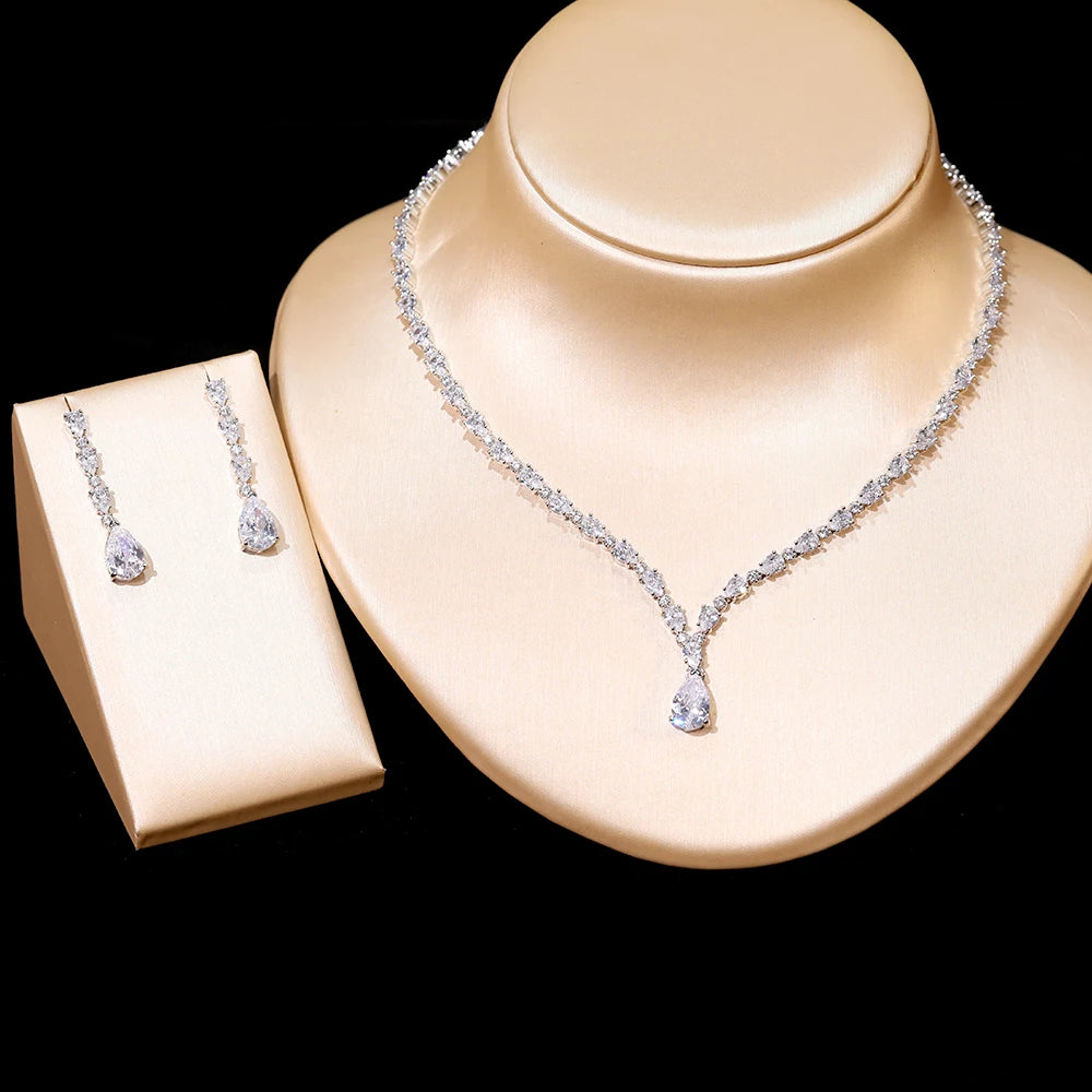 Dazzling Cubic Zirconia Wedding Necklace Water Drop Earrings 2 Piece Set Women's Clothing Party Jewelry Set Accessories