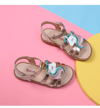 Unicorn girls sandals bright metallic kids girls sandals Adjustable customized fit princess summer shoes