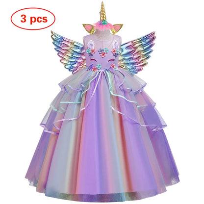 Vestido Longo de Festa de Casamento Unicórnio Arco-Íris para Menina Vestido de Performance de Dança de Personagem de Unicórnio para Festa de Aniversário de Menina Conjunto de Três Peças