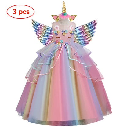 Vestido Longo de Festa de Casamento Unicórnio Arco-Íris para Menina Vestido de Performance de Dança de Personagem de Unicórnio para Festa de Aniversário de Menina Conjunto de Três Peças