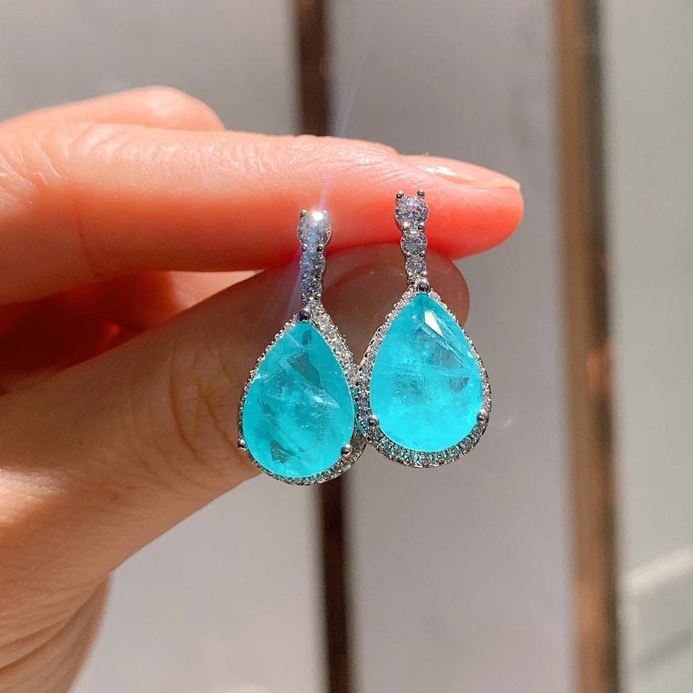 Luxury 925 Sterling Silver Paraiba Tourmaline Gemstone Earrings/Pendant/Necklace/Ring Wedding Jewelry Sets Wholesale
