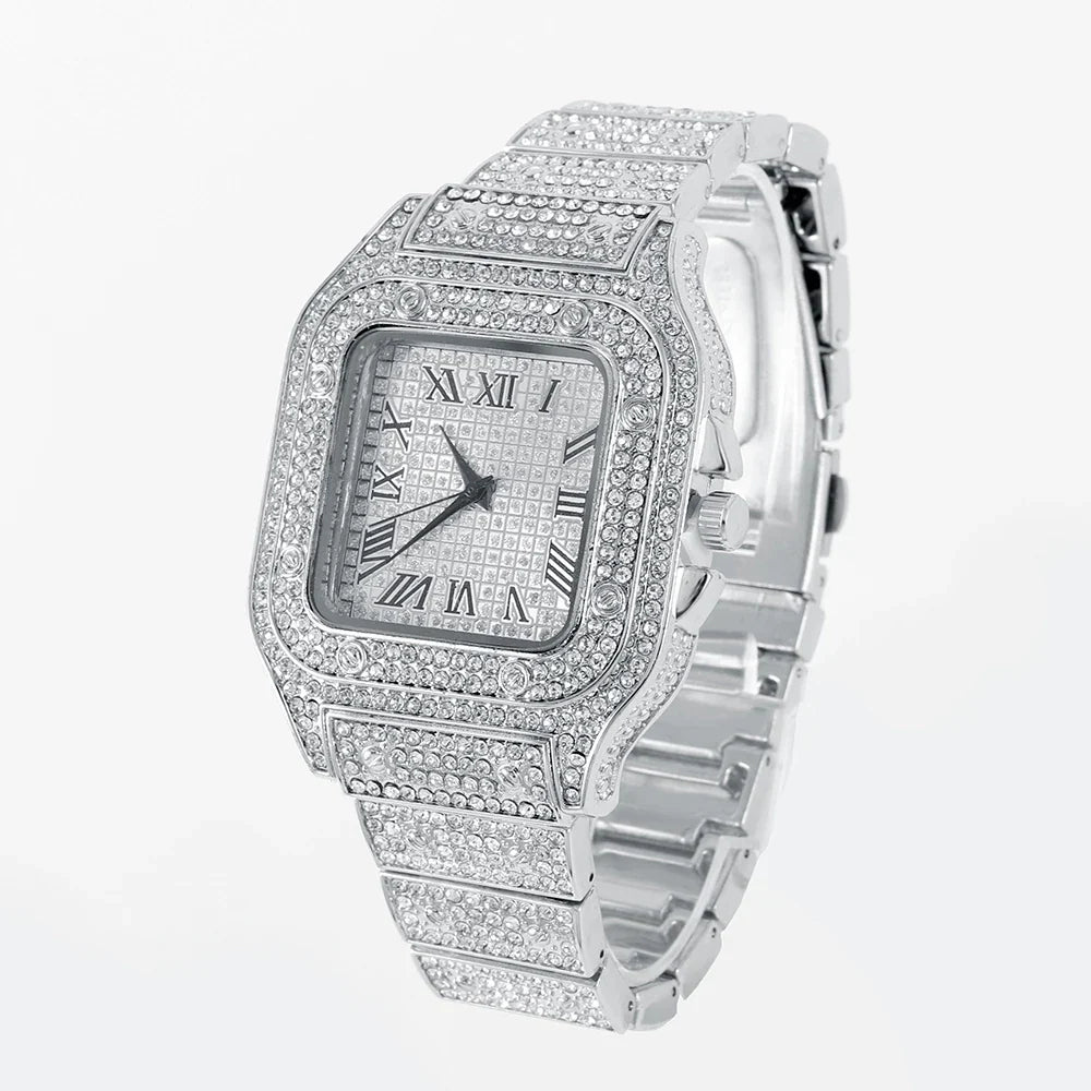 Luxury Moissanite Iced Out Watches Hip Hop Bust Down Unisex Diamond Watch, Stainless Steel Moissanite Studded Wrist Watch