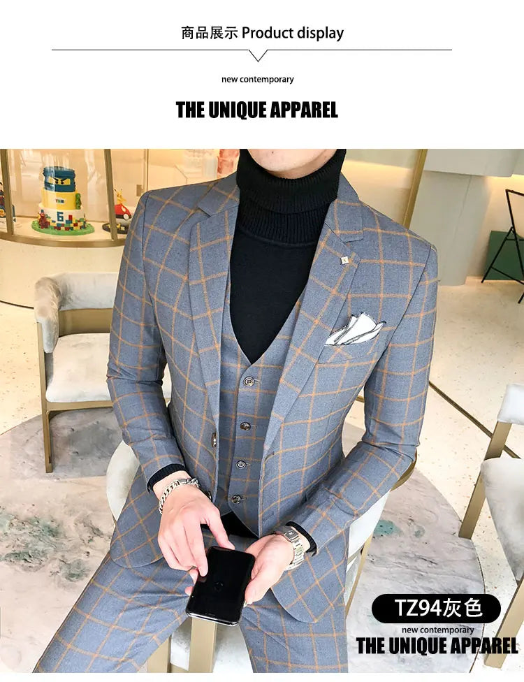 Blazer and Vest and Pants / Boutique Fashion Plaid Men's Casual Business Suit 3pcs Set Groom Wedding Dress Performance Costume