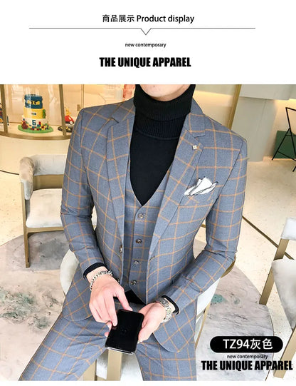 Blazer and Vest and Pants / Boutique Fashion Plaid Men's Casual Business Suit 3pcs Set Groom Wedding Dress Performance Costume
