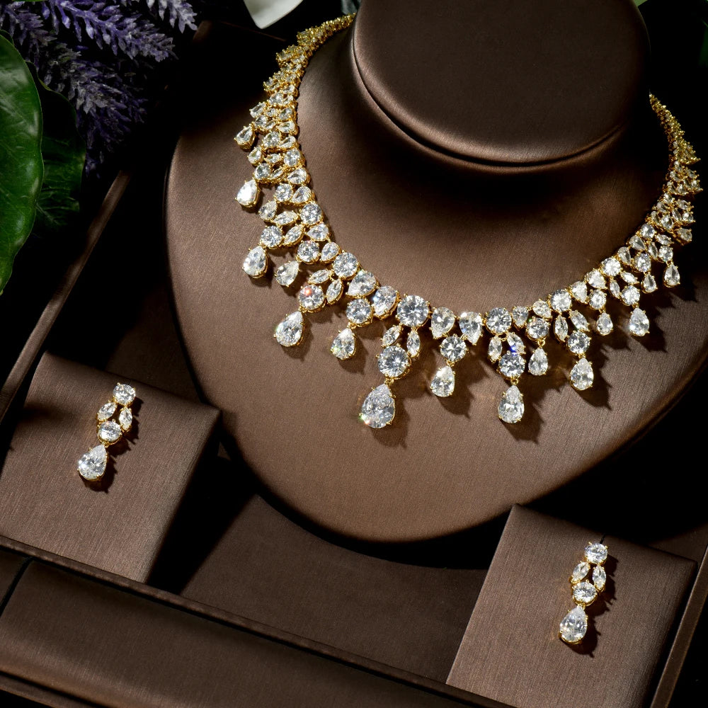 Wedding Jewelry Nigerian Design Cubic Zirconia Large Bridal Choker Necklace Earrings Sets For Women bijoux N-1454