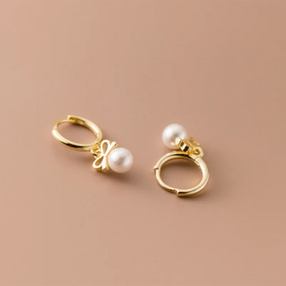 925 Sterling Silver Cute Butterfly Synthetic Pearl Pendant Drop Earrings Fashion Charm Gold Plated Huggies Jewelry Women
