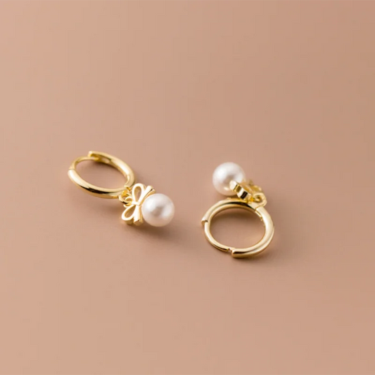 925 Sterling Silver Cute Butterfly Synthetic Pearl Pendant Drop Earrings Fashion Charm Gold Plated Huggies Jewelry Women