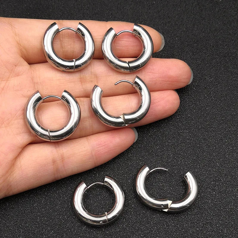 6pcs/lot Thick 3.0mm 4.0mm 5.0mm Stainless Steel Circle Hoop Earrings For Women Girls Gold Silver Color Round Geometry Earrings