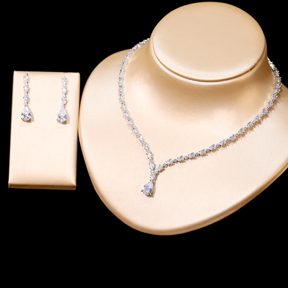 Dazzling Cubic Zirconia Wedding Necklace Water Drop Earrings 2 Piece Set Women's Clothing Party Jewelry Set Accessories