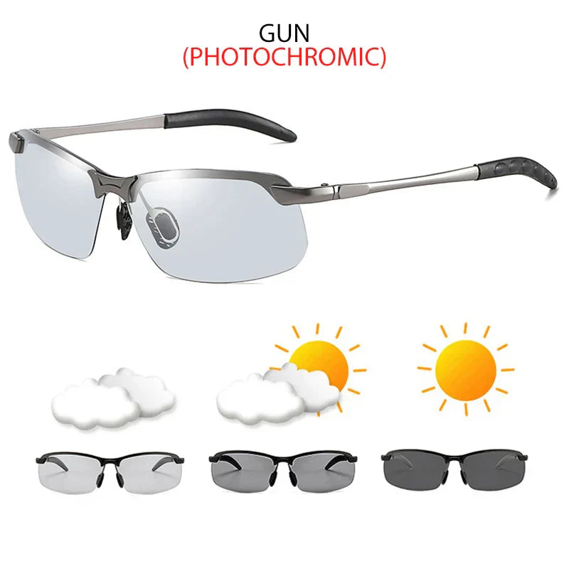 Half-frame Photochromic Sunglasses Men Women Vintage Metal Polarized Sun Glasses For Male Night Vision Driving Shades