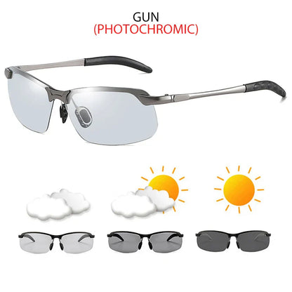 Half-frame Photochromic Sunglasses Men Women Vintage Metal Polarized Sun Glasses For Male Night Vision Driving Shades