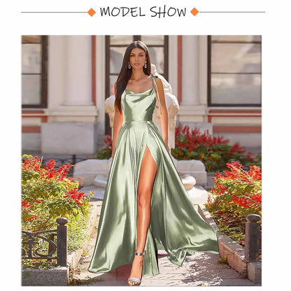 Sexy Mint Backless LaceUp Bridesmaid Dress Evening Gown Green Satin Slip Slit Leg Square Neck Wedding Party Long Dresses