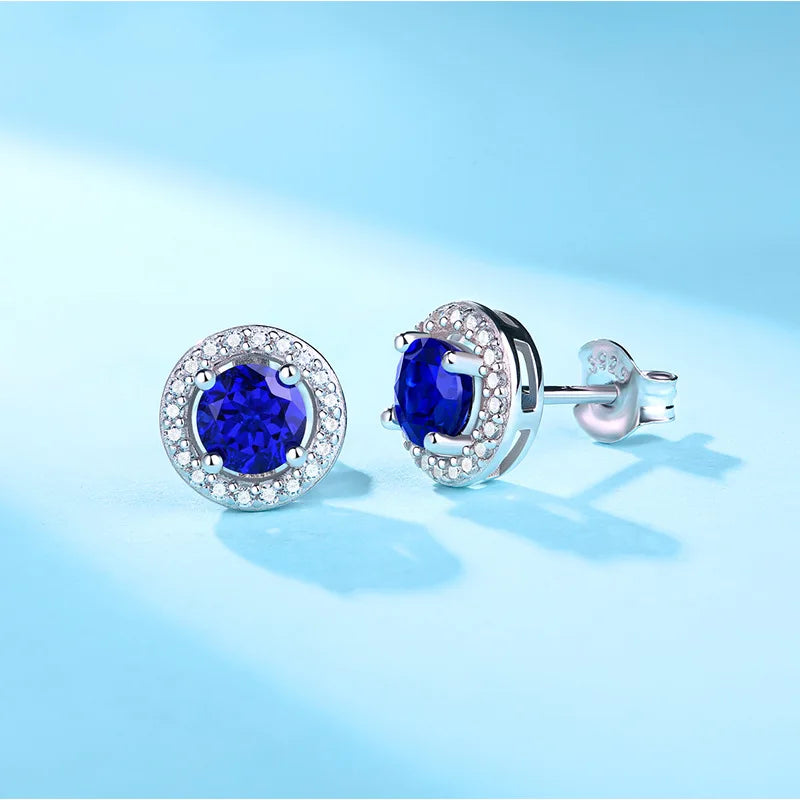 5mm Round Sapphire Halo Earrings for Women 100% 925 Sterling Silver Wedding Stud Earrings Fine Jewelry Plated White Gold Gift