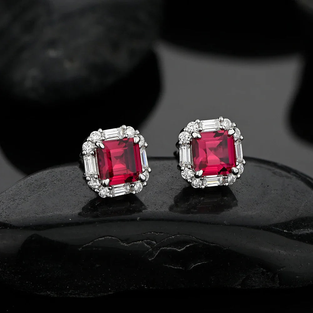 Original Design 6*6mm Asscher High Carbon Diamond Stud Eearrings for Women 2021 Jewelry 925 Sterling Silver Ruby Earrings Gift