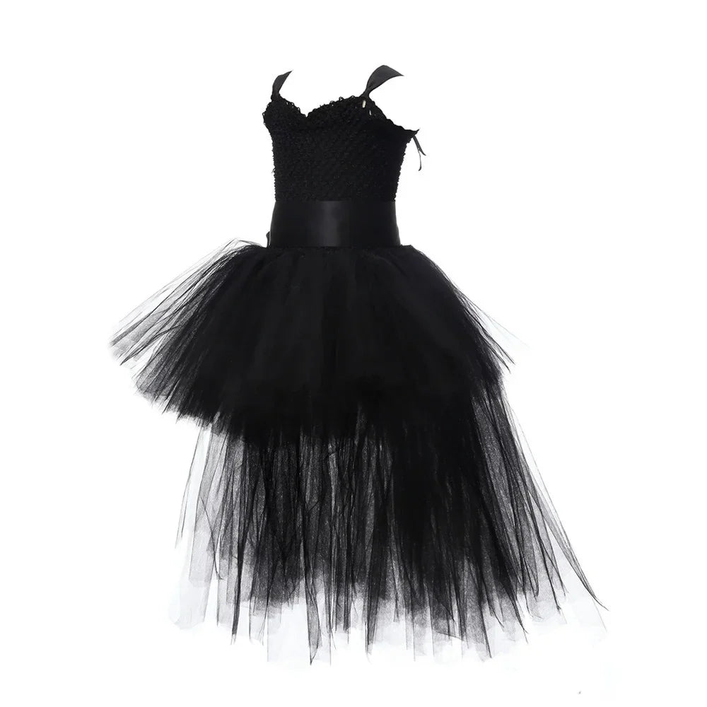 Vestido Tutu Rosa e Preto para Meninas, Vestido de Tule com Cauda e Decote V para Festa de Aniversário, Vestido de Baile para Meninas, Fantasias de Halloween Infantis