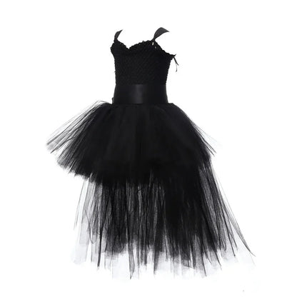 Vestido Tutu Rosa e Preto para Meninas, Vestido de Tule com Cauda e Decote V para Festa de Aniversário, Vestido de Baile para Meninas, Fantasias de Halloween Infantis