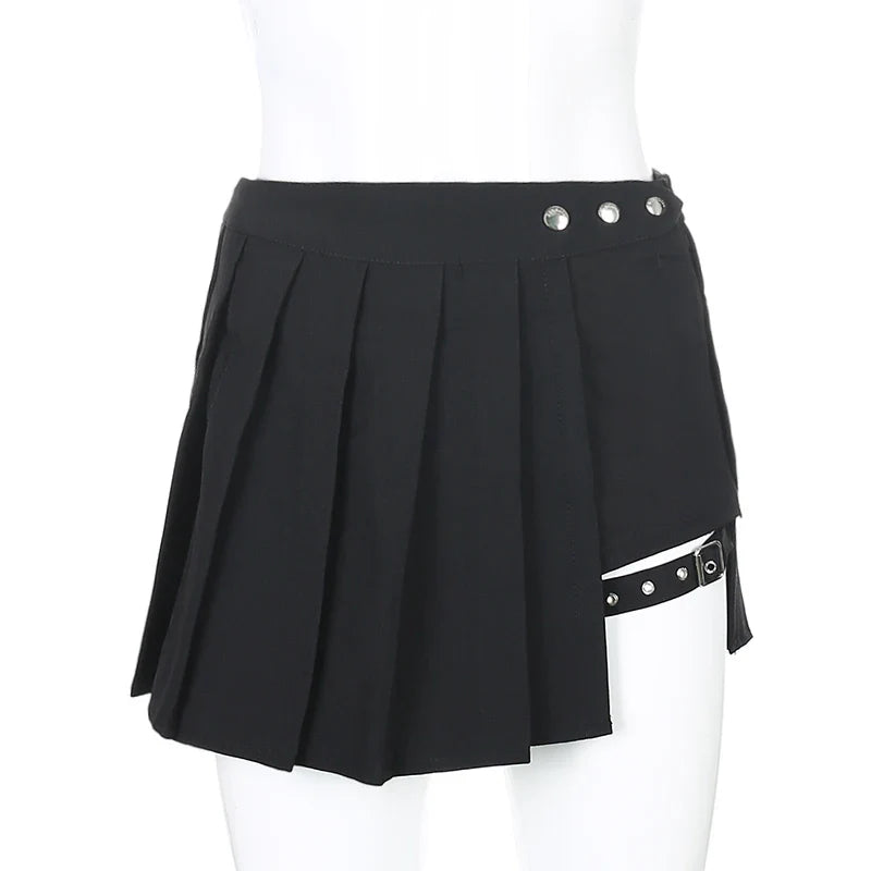 Summer Harajuku Punk Style Plaid Irregular Skirts Women Asymmetrical High Waist Black Skirts Pleated Girls Gothic Half Skirts