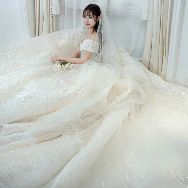 Wedding Dress Shiny Wedding Dress Classic Boat Neck Bridal Party Gown Vestido De Noiva Robe De Mariee Customized
