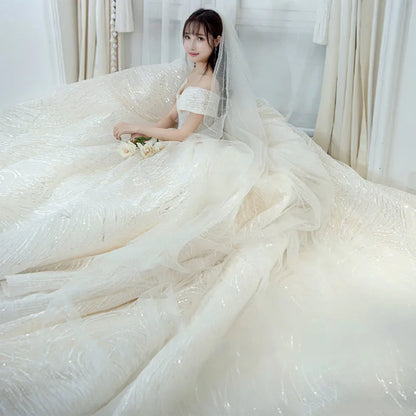 Wedding Dress Shiny Wedding Dress Classic Boat Neck Bridal Party Gown Vestido De Noiva Robe De Mariee Customized