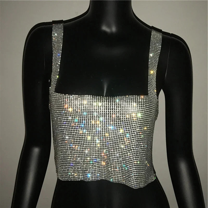 2025 Glitter Nightclub Backless Rhinestone Tank Top Women Sexy Metal Crystal Diamonds Sequined Night Club Party Wear Crop Top